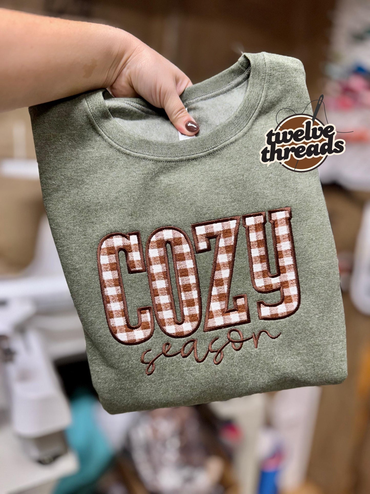 Cozy season - applique sweatshirt - embroidered design - embroidery - fall - autumn - holidays - cozy - plaid applique - applique-sweatshirt