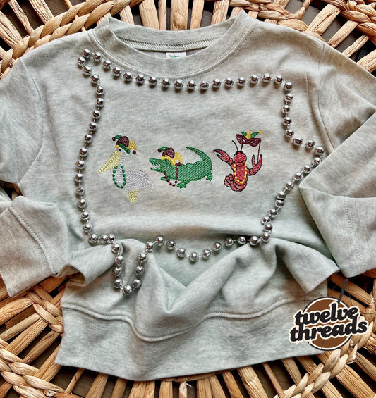 Mardi Gras embroidered sweatshirt or t shirt, holiday, king cake, Louisiana, southern holiday, throw me beads mister, parade, crawfish, fun