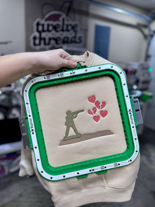 Army man Valentine’s Day shooting heart, boy valentines design, embroidered vday, kids crewneck, custom embroidery, toddler and youth, tee