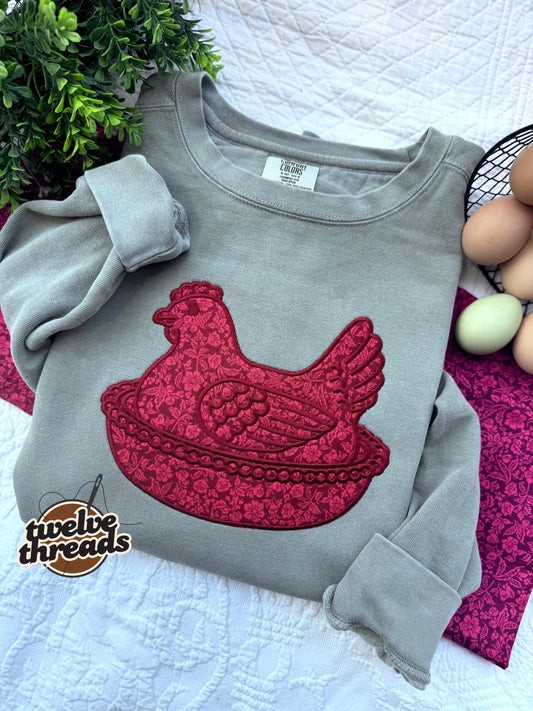 Applique embroidered mama hen, chicken, eggs, farm animals,embroidery, cow, cat,duck in a dish, antique, decor,comfort colors, hen in a dish