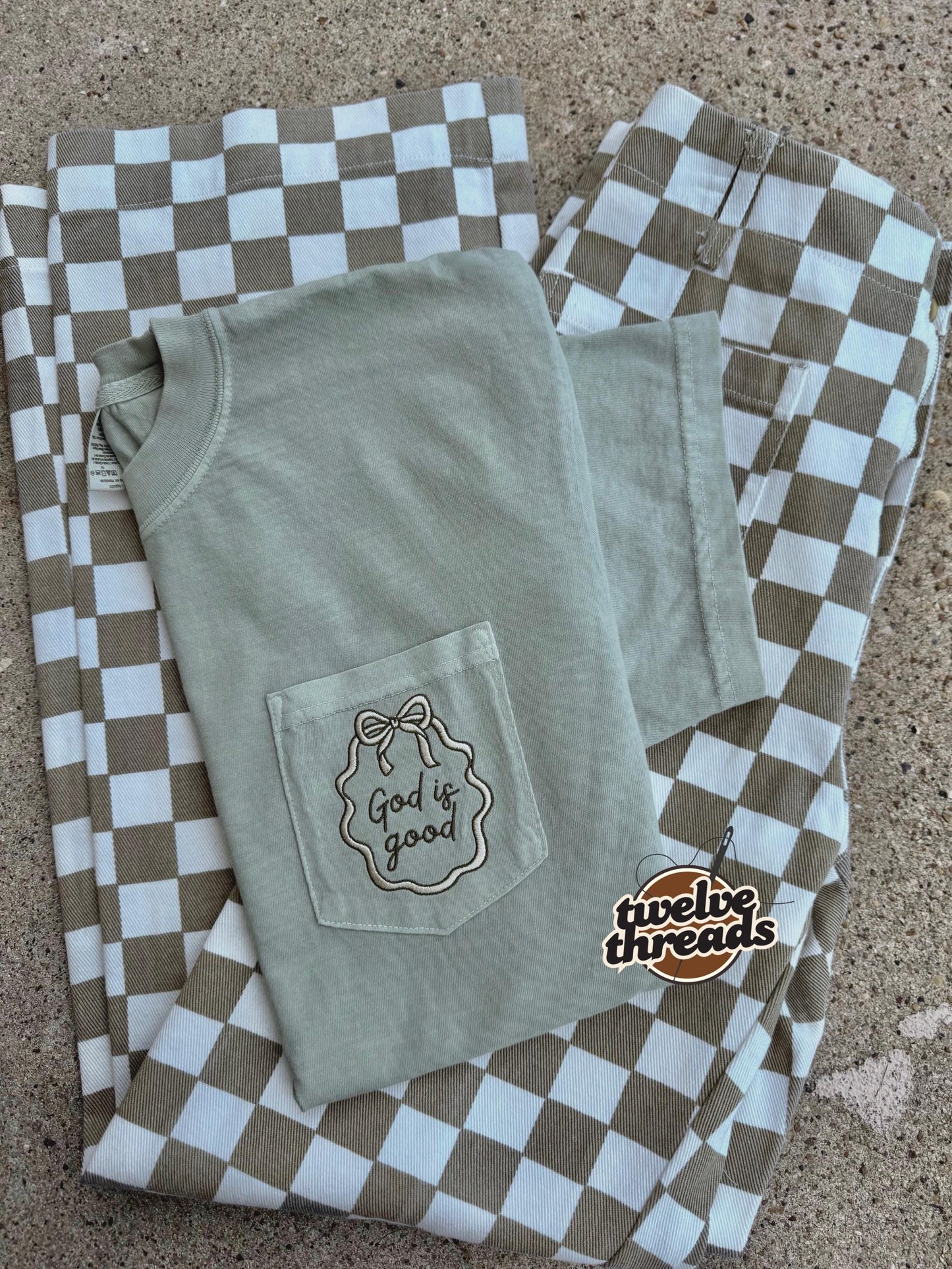 God is good pocket comfort colors t shirt, embroidered pocket tee, GOD IS GOOD, coquette bow, custom thread colors, border frame design