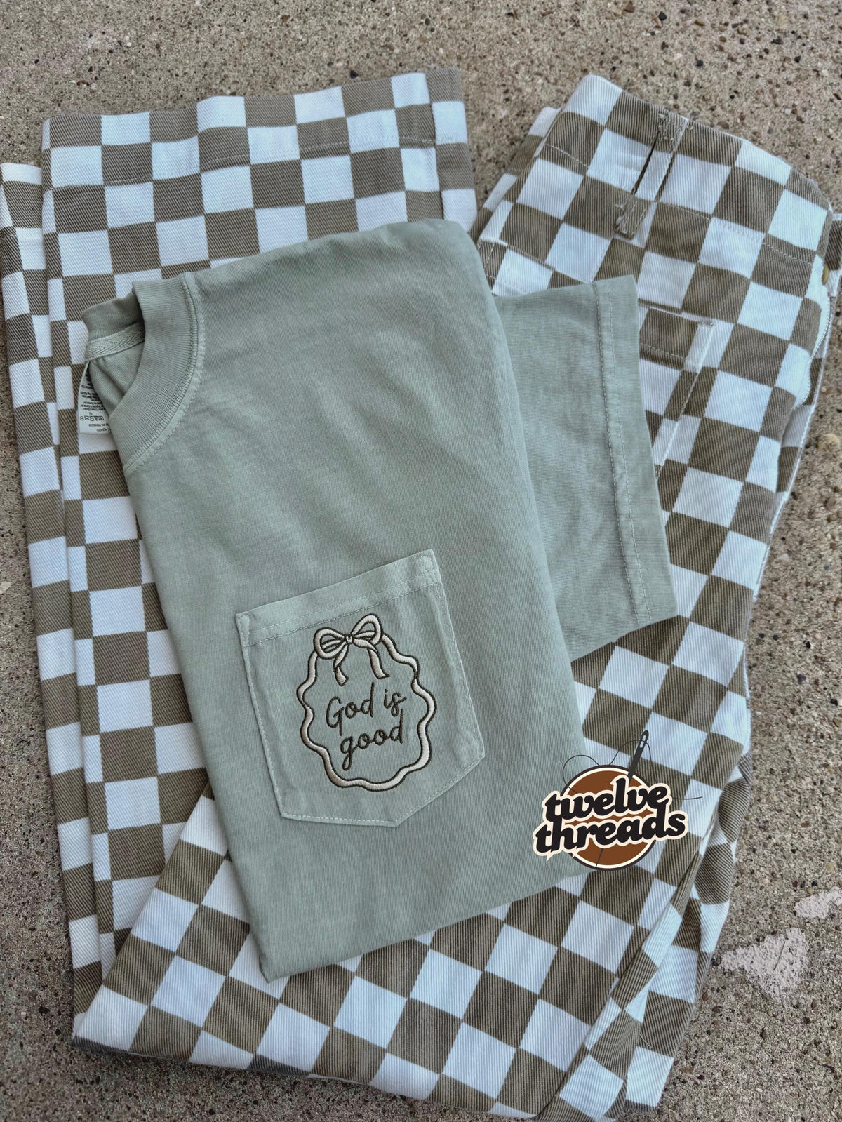 God is good pocket comfort colors t shirt, embroidered pocket tee, GOD IS GOOD, coquette bow, custom thread colors, border frame design