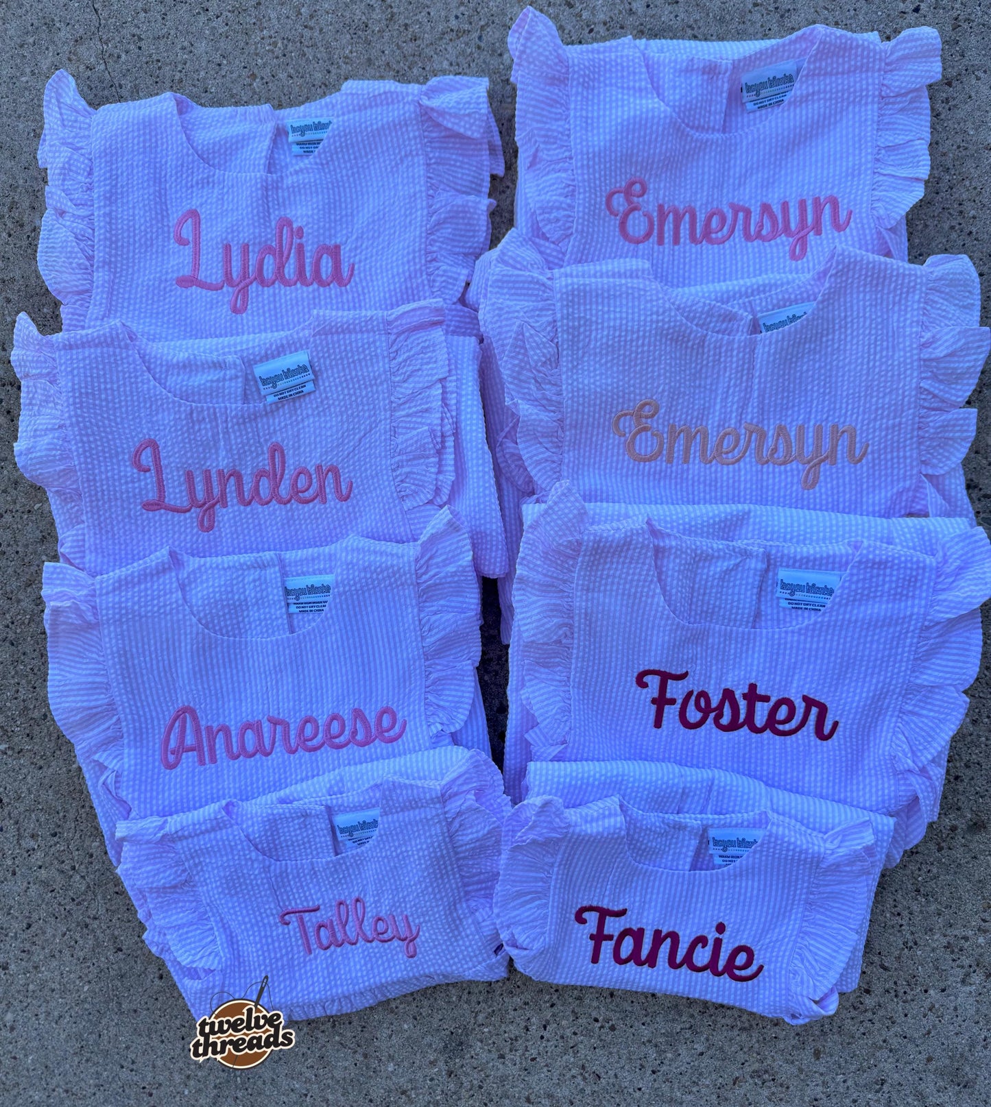Seersucker side tie dress with custom embroidery, personalized girls seersucker dress, monogram, custom embroidered girls dress, seersucker