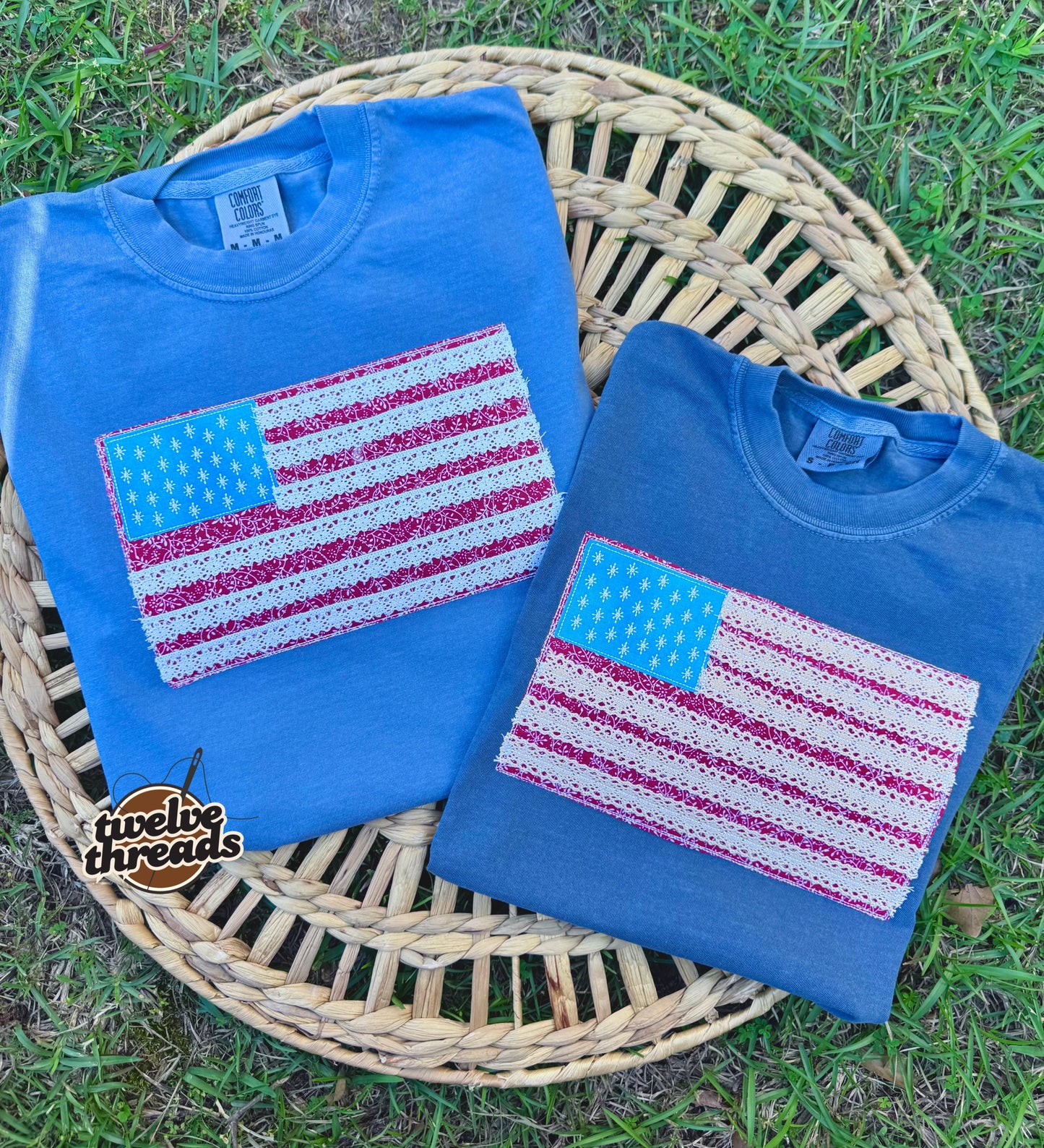 Lace trim flag, patriotic t shirt, applique quilts design t shirt, American flag, USA, 4th of July, Memorial Day, American tee, comfort