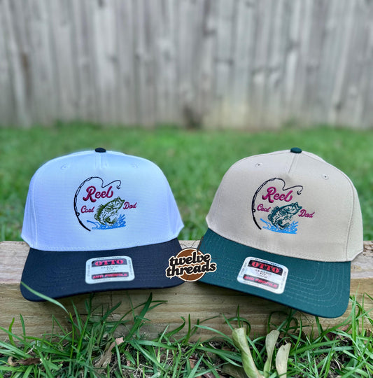 Embroidered reel cool dad, dad hat, dad Otto cap, 5 panel Otto cap, trucker hat, custom embroidery, embroidery trucker hat, monochrome look