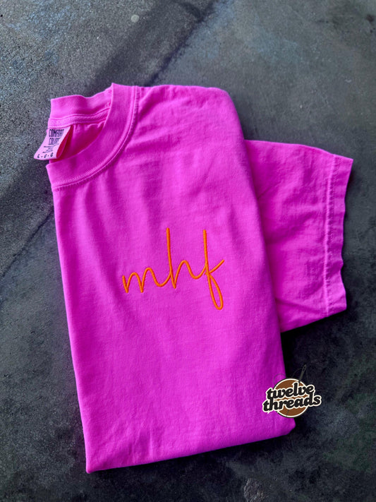 Monogram Comfort Color neon t shirt, unisex fit t shirt-monogram-neon thread - neon embroidery - monogram embroidery - custom-personalized