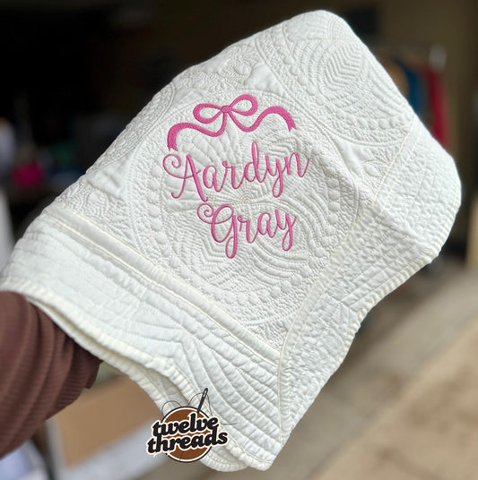 Embroidered coquette bow heirloom quilt with custom monogram, personalized baby blanket, baby gir quilt, embroidered custom heirloom blanket