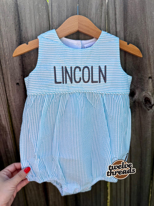 Embroidered custom seersucker bubble romper, boy or girl bubble romper, seersucker embroidery, custom personalized monogram bubble, baby