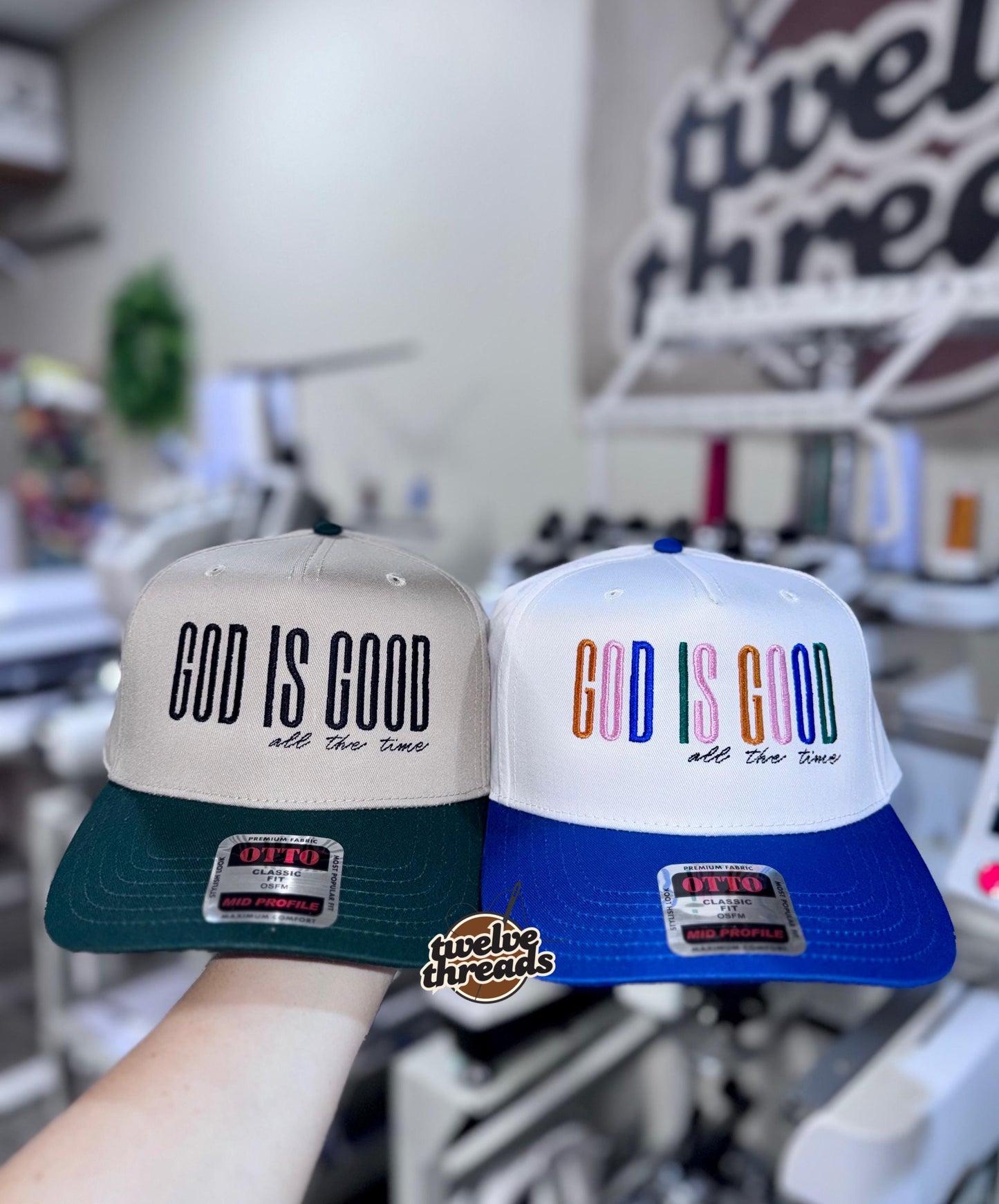 Embroidered GOD is good all the time Otto cap, 5 panel Otto cap, trucker hat, custom embroidery, embroidery trucker hat, monochrome look