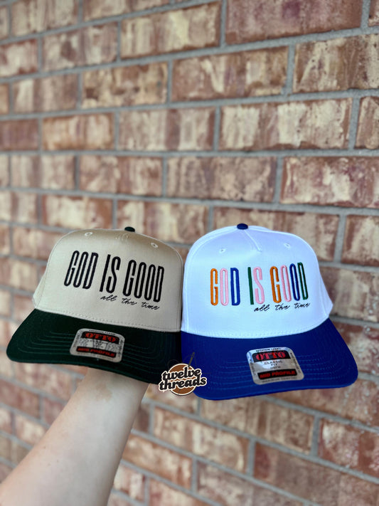 Embroidered GOD is good all the time Otto cap, 5 panel Otto cap, trucker hat, custom embroidery, embroidery trucker hat, monochrome look