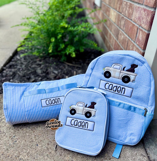 Embroidered Seersucker backpack - applique truck gingham - kids backpack - diaper bag - adult backpack - embroidered backpack - embroidery