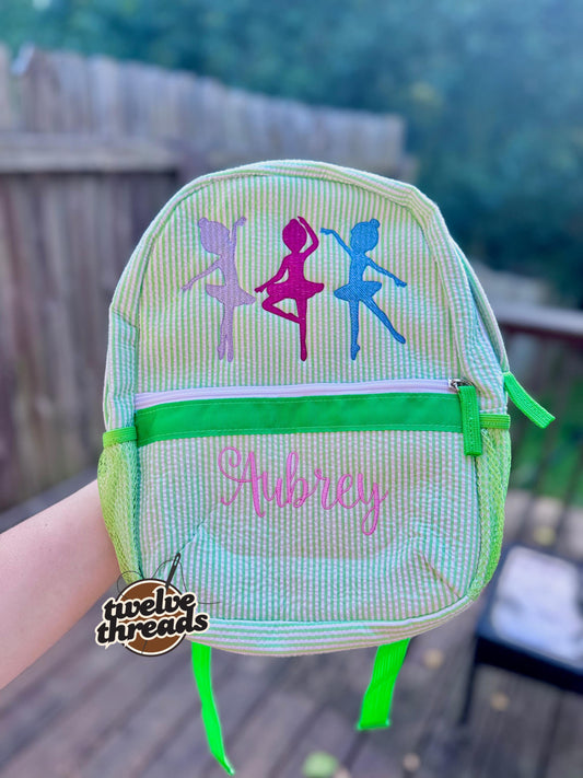 Dancer - ballet - ballerina - seersucker back pack - diaper bag - kids bag - toddler backpack - embroidered backpack - personalized bag