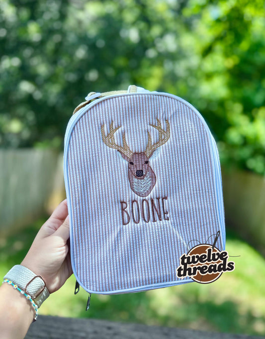 Deer seersucker lunch box - embroidered lunchbox - personalized - monogram - seersucker - lunch box - backpack - back to school - kids lunch