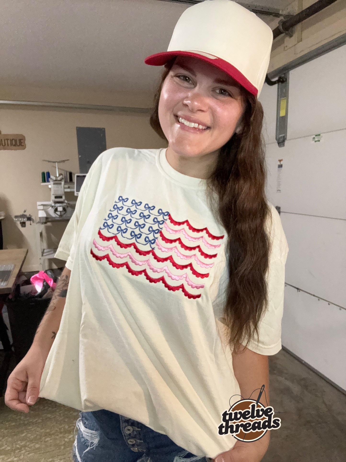 Couquette bow flag, patriotic t shirt, applique quilts design t shirt, American flag, USA, 4th of July, Memorial Day, American tee, comfort