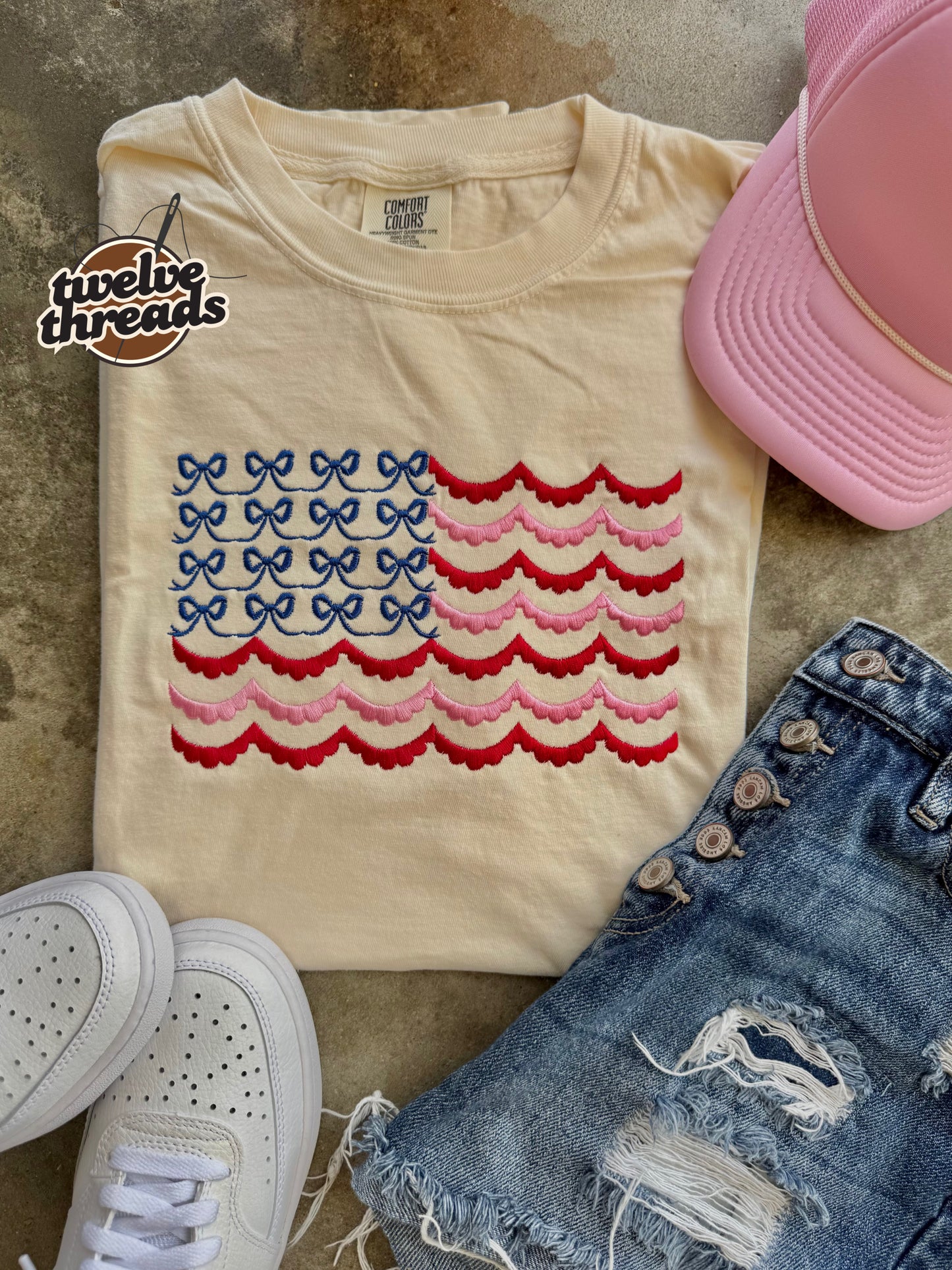 Couquette bow flag, patriotic t shirt, applique quilts design t shirt, American flag, USA, 4th of July, Memorial Day, American tee, comfort