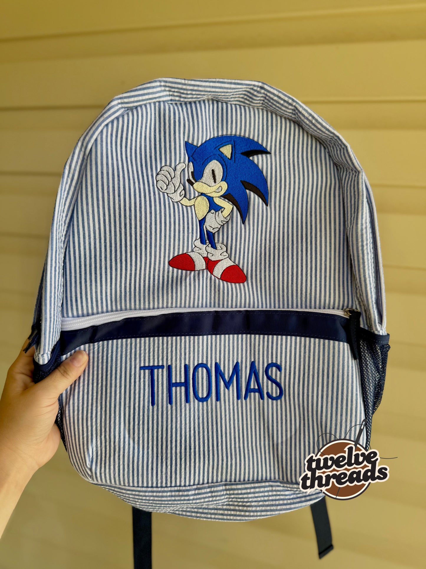 Embroidered Seersucker backpack - sonic the hedgehog gingham - kids backpack - diaper bag - adult backpack - embroidered backpack - embroide