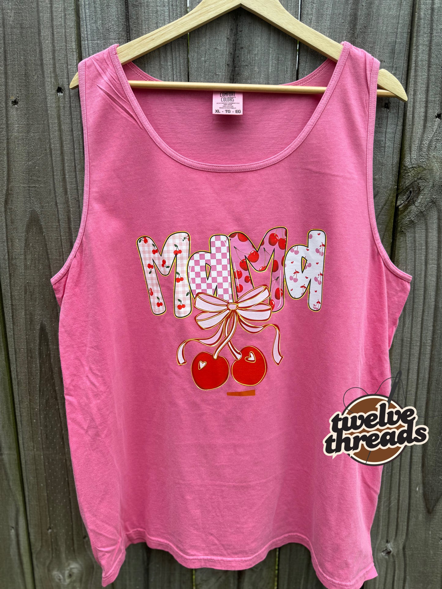 Mama on comfort colors, Gildan, tank top summer, mama cherries, cherry preppy mama dtf design, unisex fit, floral striped mama, coquette bow