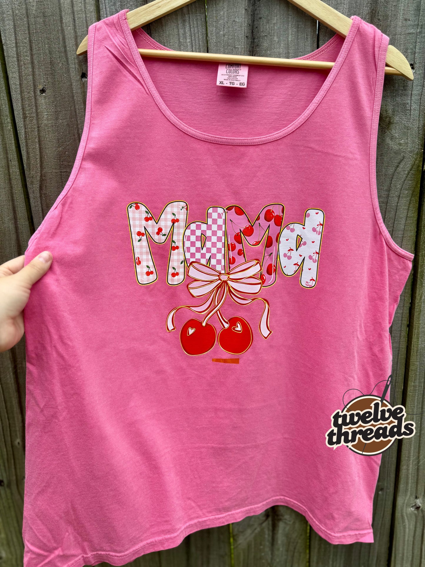 Mama on comfort colors, Gildan, tank top summer, mama cherries, cherry preppy mama dtf design, unisex fit, floral striped mama, coquette bow
