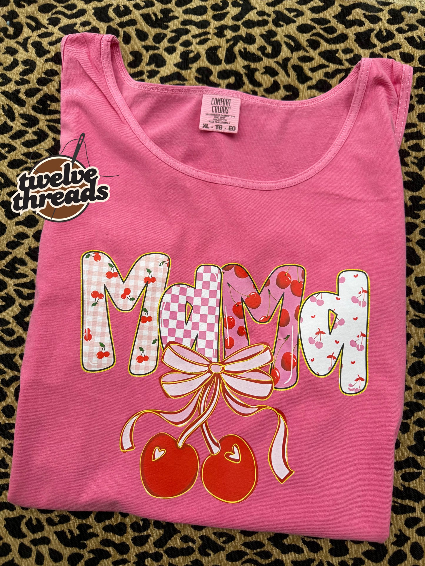 Mama on comfort colors, Gildan, tank top summer, mama cherries, cherry preppy mama dtf design, unisex fit, floral striped mama, coquette bow