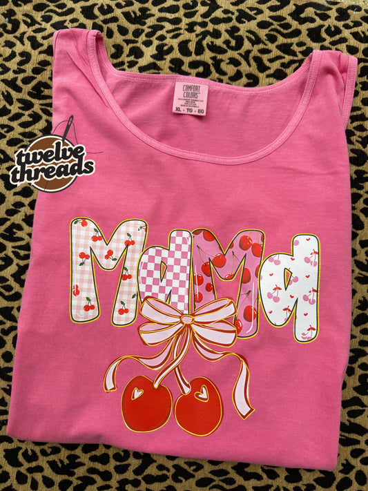 Mama on comfort colors, Gildan, tank top summer, mama cherries, cherry preppy mama dtf design, unisex fit, floral striped mama, coquette bow