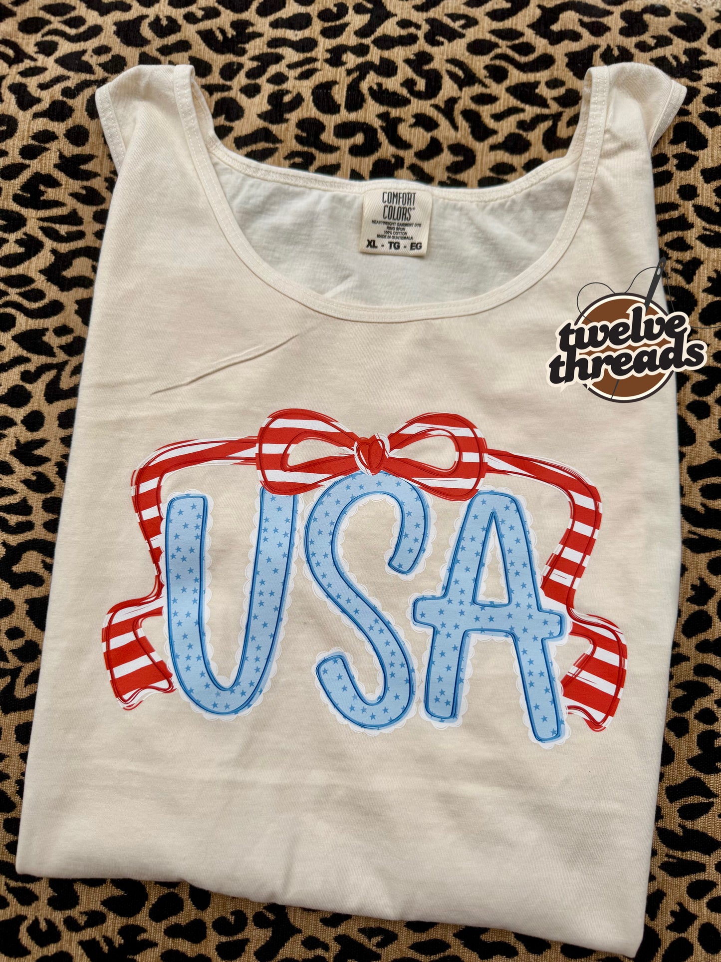 USA on comfort colors, Gildan, tank top summer, mama, preppy USA DTF design, unisex fit, 4th of July, coquette bow, Memorial Day t shirt