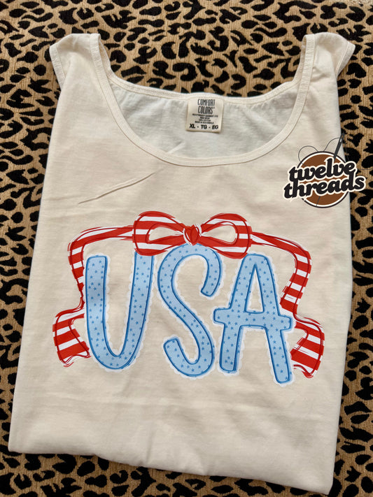 USA on comfort colors, Gildan, tank top summer, mama, preppy USA DTF design, unisex fit, 4th of July, coquette bow, Memorial Day t shirt