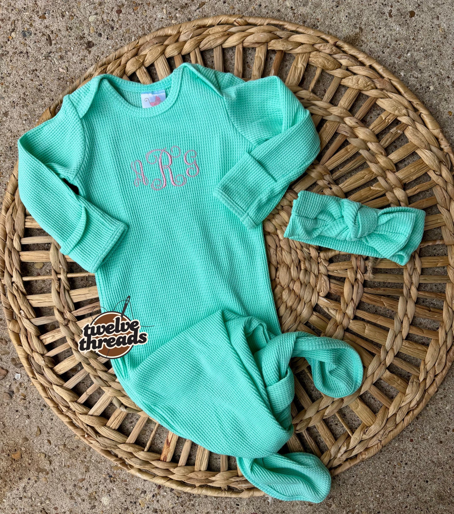 Embroidered monogram infant newborn gown, initials with cursive letters, personalized custom infant baby gown, baby gift, baby shower gift