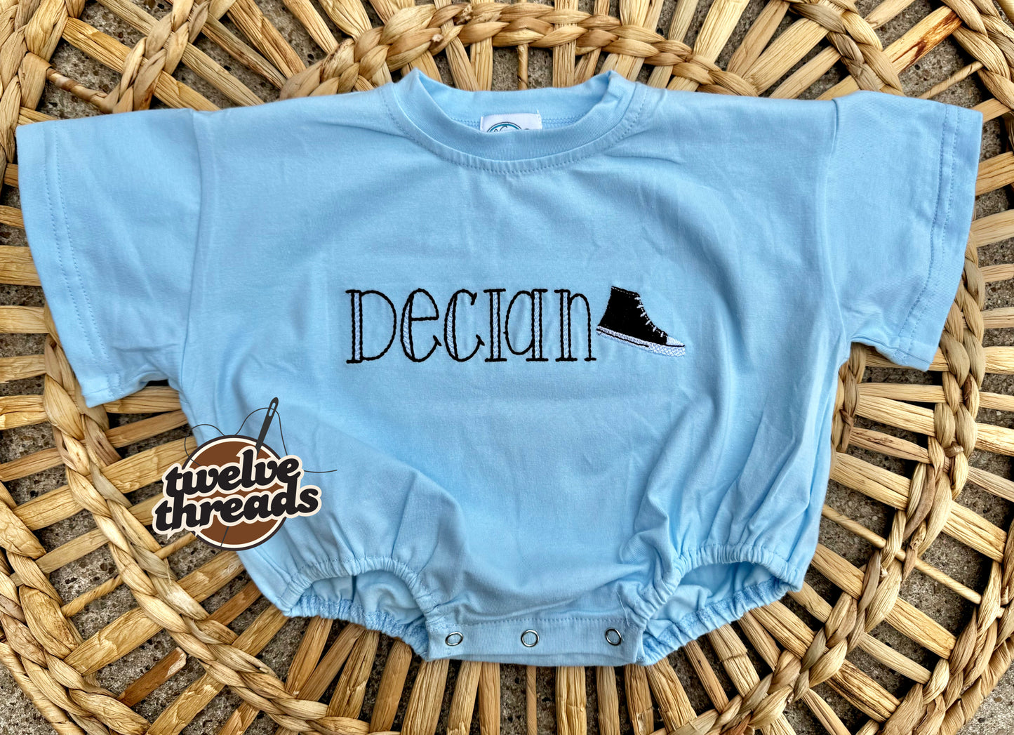 Embroidered name with sneaker, skater, converse and vans, baby boy or baby girl, embroidered name, monogram bubble romper, baby gift, shower