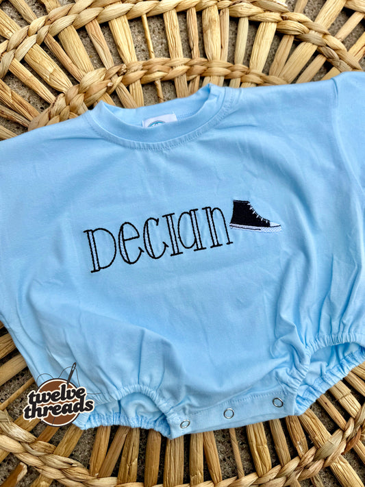 Embroidered name with sneaker, skater, converse and vans, baby boy or baby girl, embroidered name, monogram bubble romper, baby gift, shower