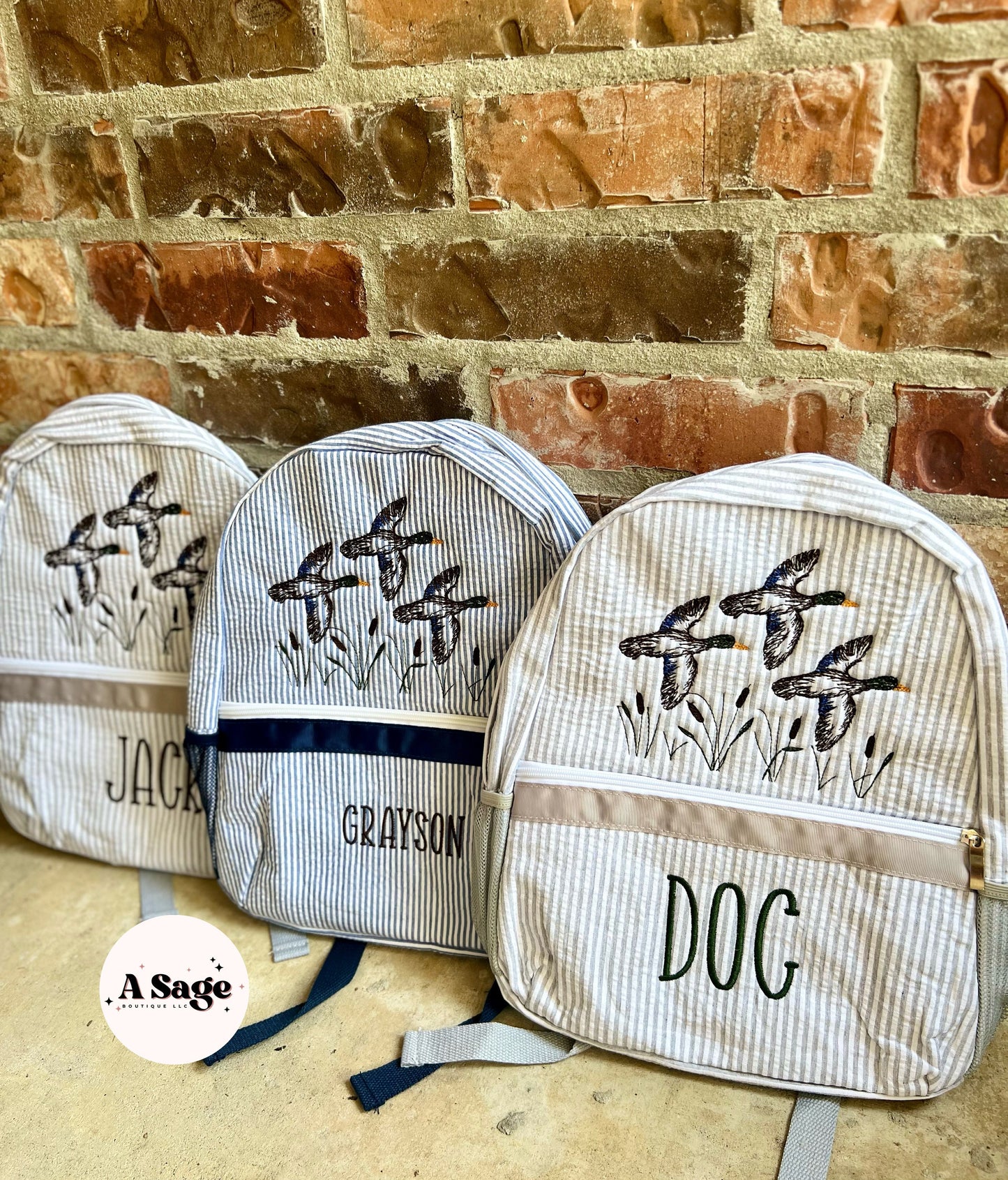 Embroidered Seersucker backpack - mallard ducks gingham - kids backpack - diaper bag - adult backpack - embroidered backpack - embroidery