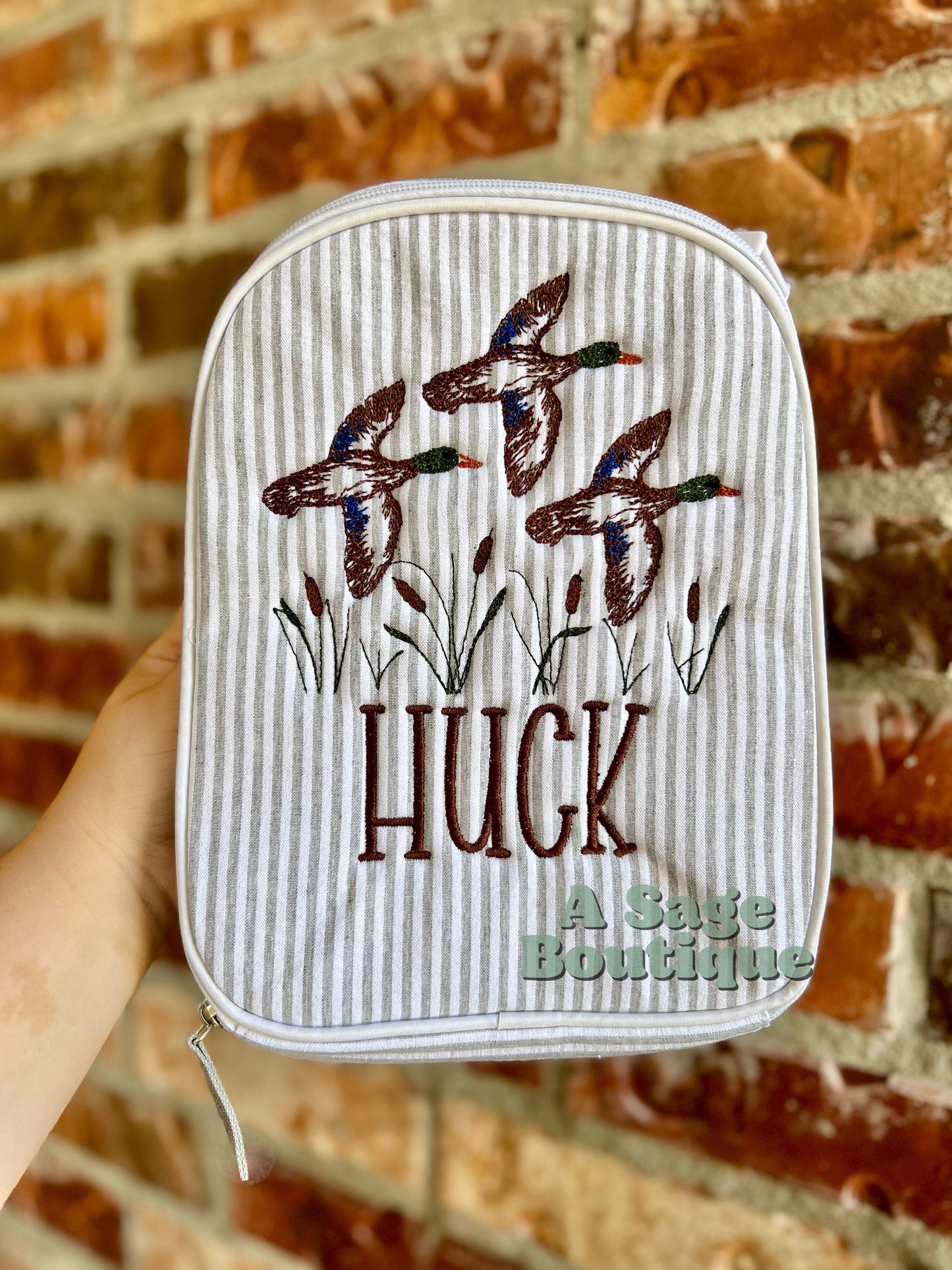 Embroidered Seersucker lunch box - mallard ducks - swamp - kids lunch box - lunch bag - adult lunch box - embroidered lunch box -embroidery