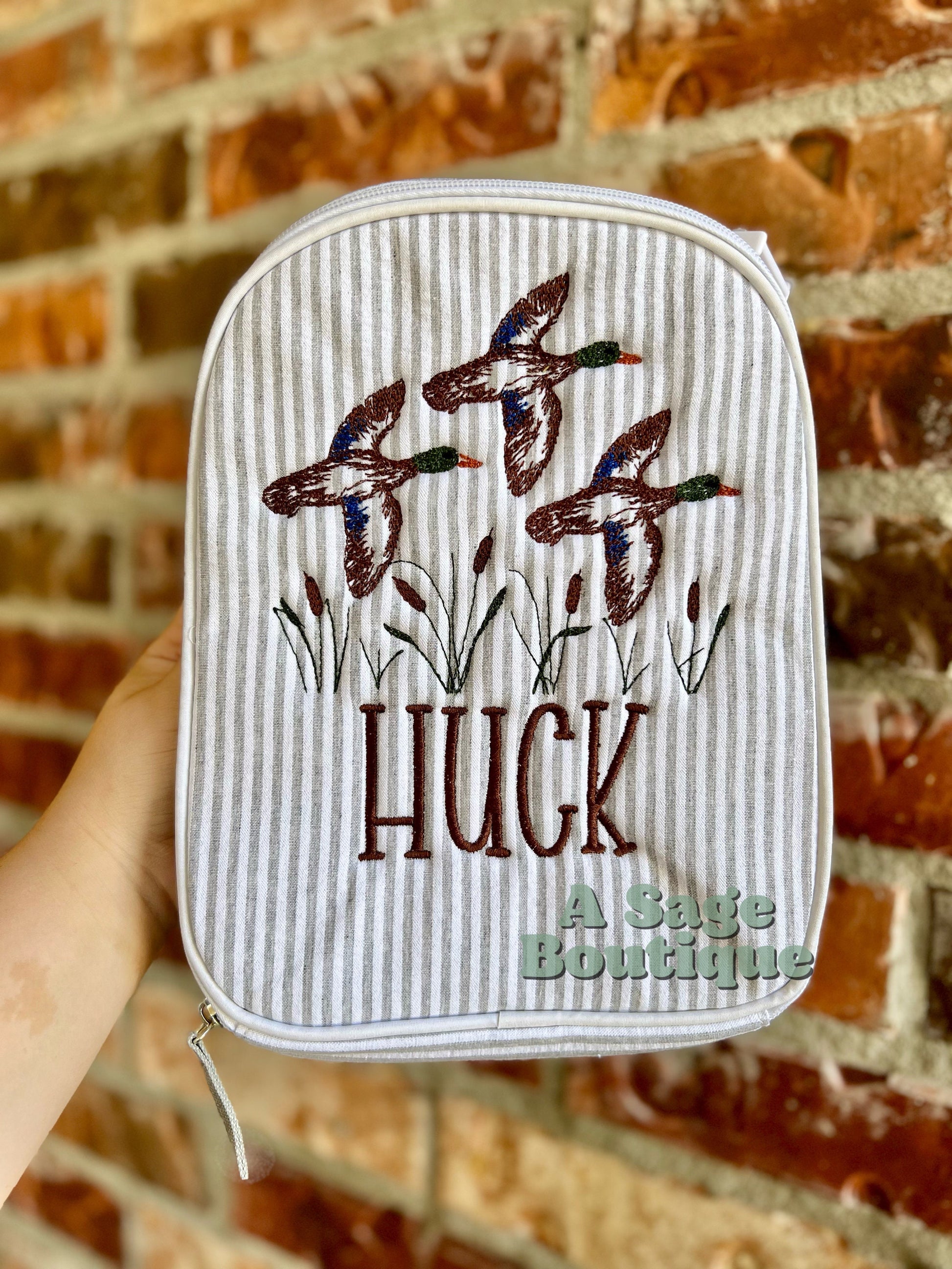 Embroidered Seersucker lunch box - mallard ducks - swamp - kids lunch box - lunch bag - adult lunch box - embroidered lunch box -embroidery