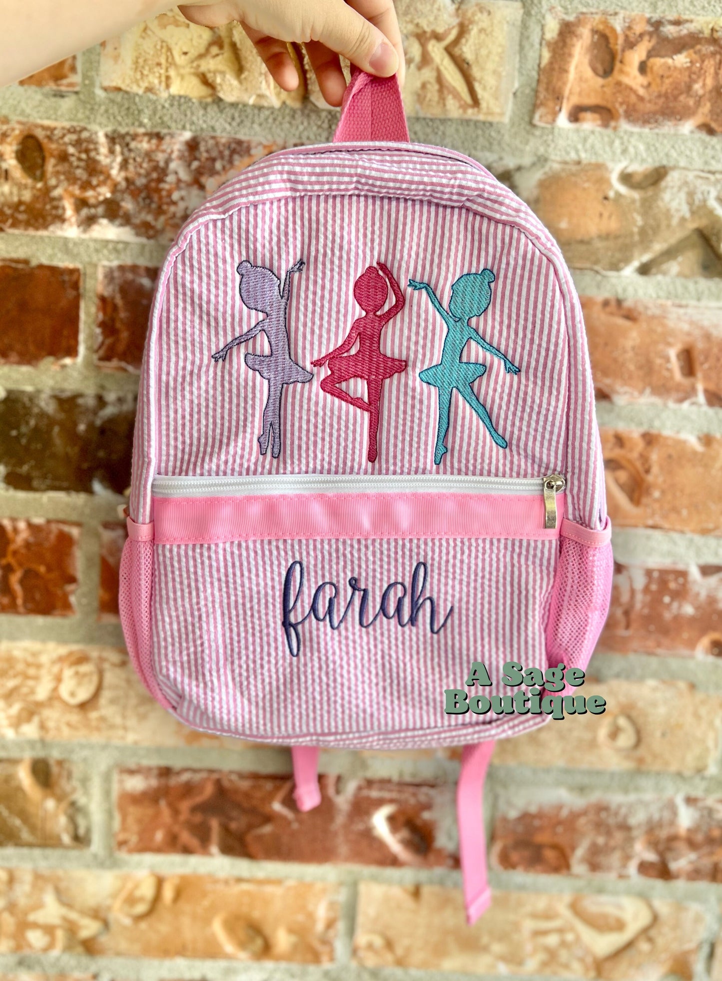 Dancer - ballet - ballerina - seersucker back pack - diaper bag - kids bag - toddler backpack - embroidered backpack - personalized bag