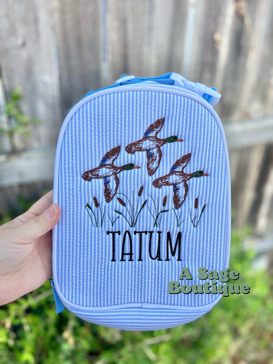 Embroidered Seersucker lunch box  - mallard ducks - swamp - kids lunch box - lunch bag - adult lunch box - embroidered lunch box -embroidery