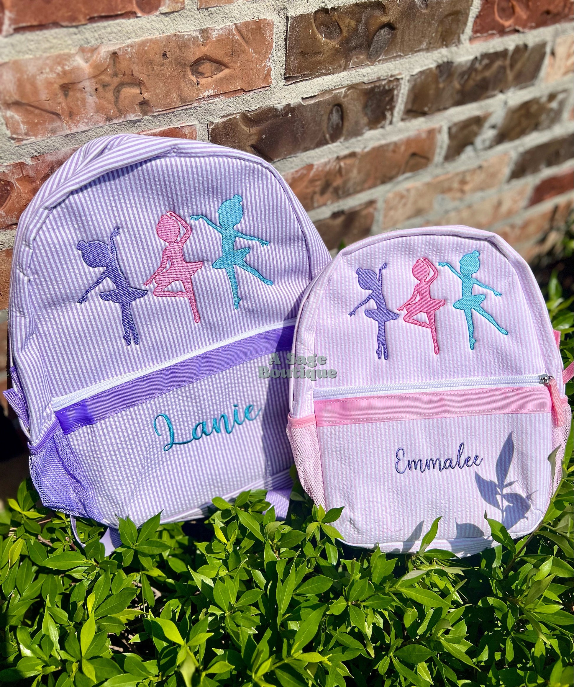 Dancer - ballet - ballerina - seersucker back pack - diaper bag - kids bag - toddler backpack - embroidered backpack - personalized bag