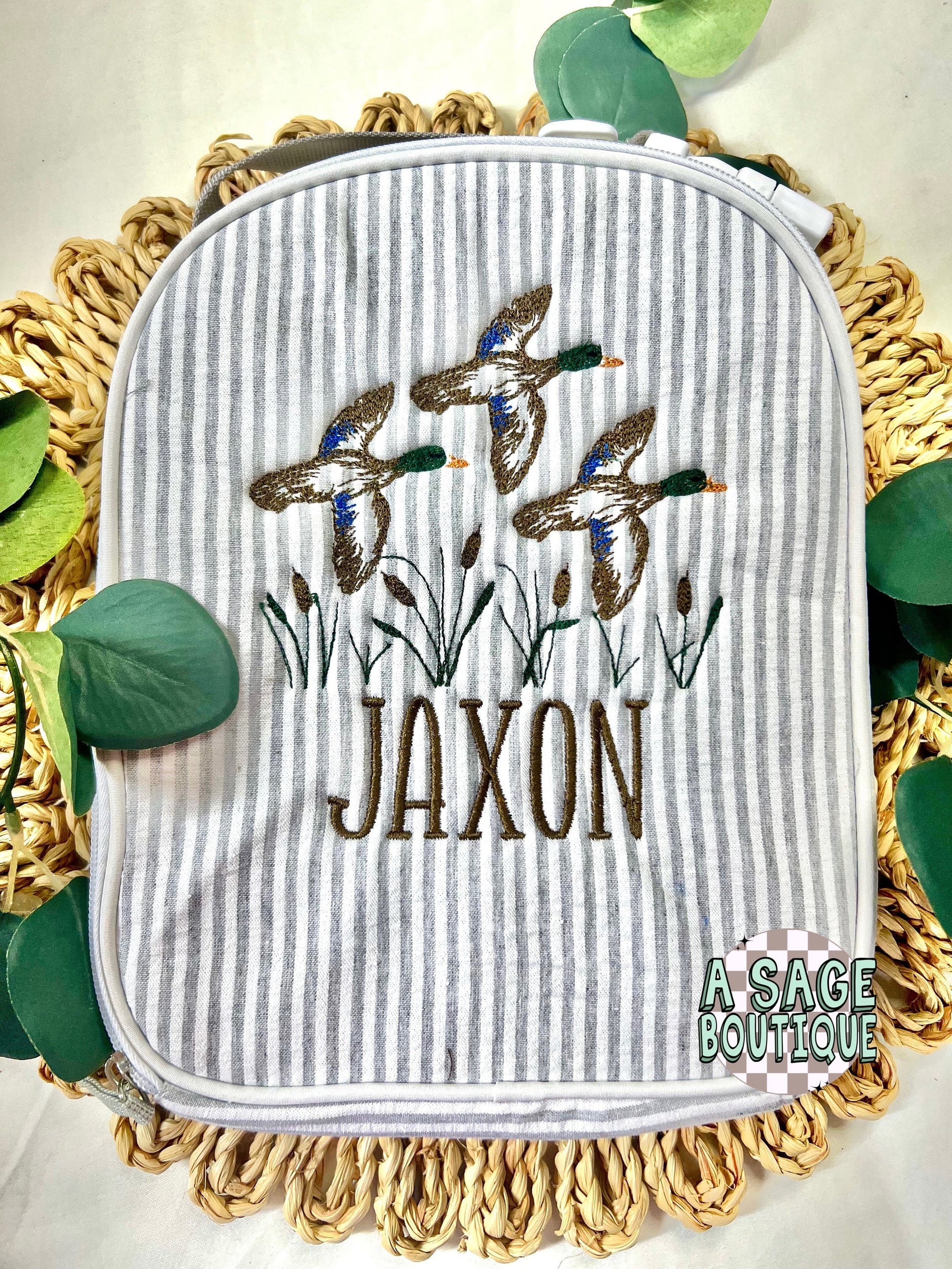 Embroidered Seersucker lunch box - mallard ducks - swamp - kids lunch box - lunch bag - adult lunch box - embroidered lunch box -embroidery