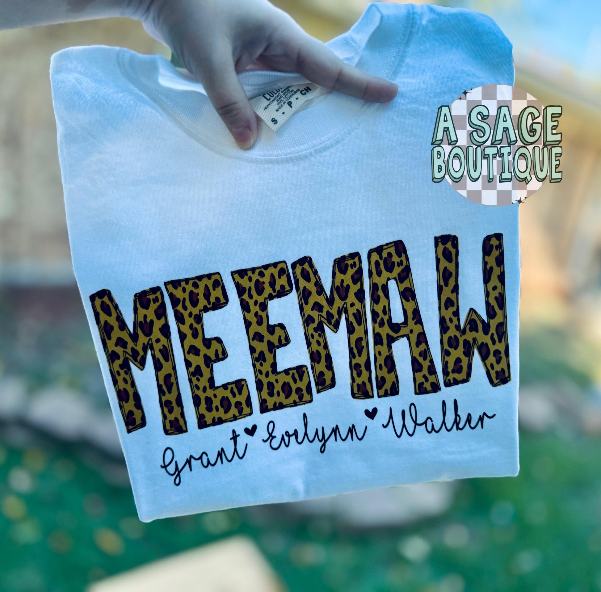 Cheetah Family Name - custom- mama- nene- mamaw-Mimi-aunt-sister-brother-leopard-t shirt- sweatshirt - tan - white - tete- auntie - Gigi