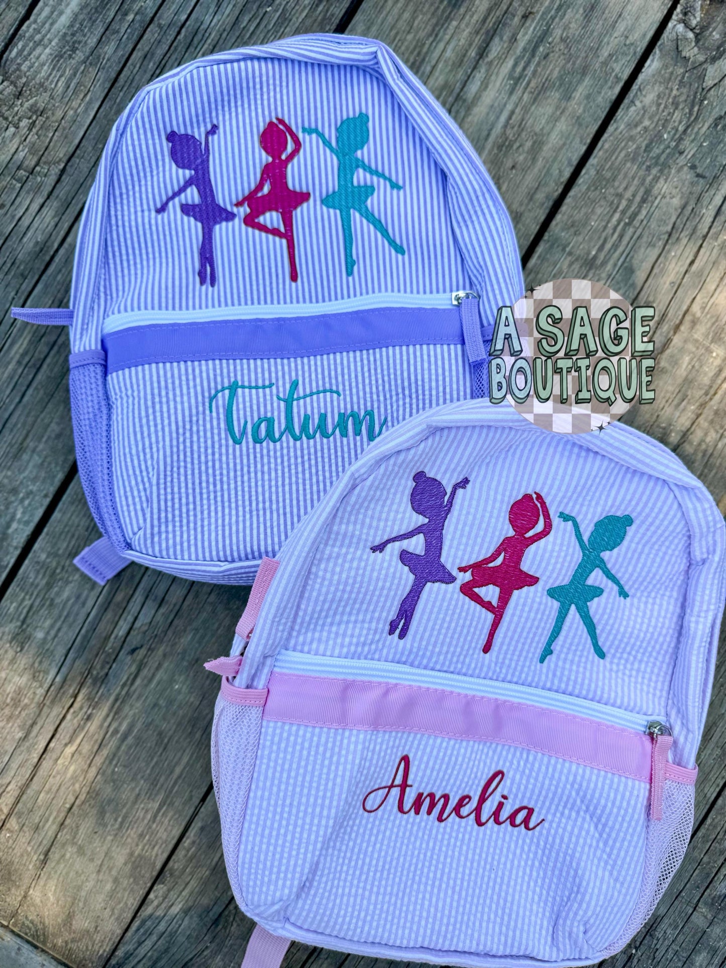 Dancer - ballet - ballerina - seersucker back pack - diaper bag - kids bag - toddler backpack - embroidered backpack - personalized bag