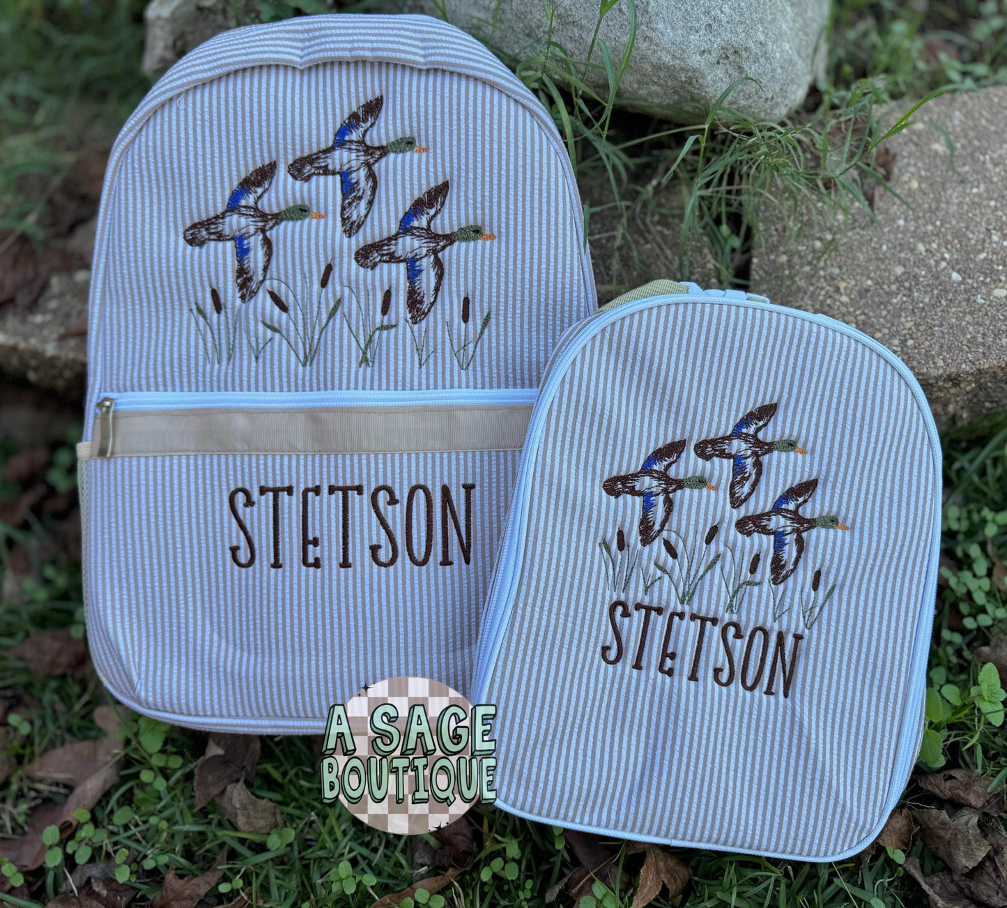 Embroidered Seersucker backpack - mallard ducks gingham - kids backpack - diaper bag - adult backpack - embroidered backpack - embroidery