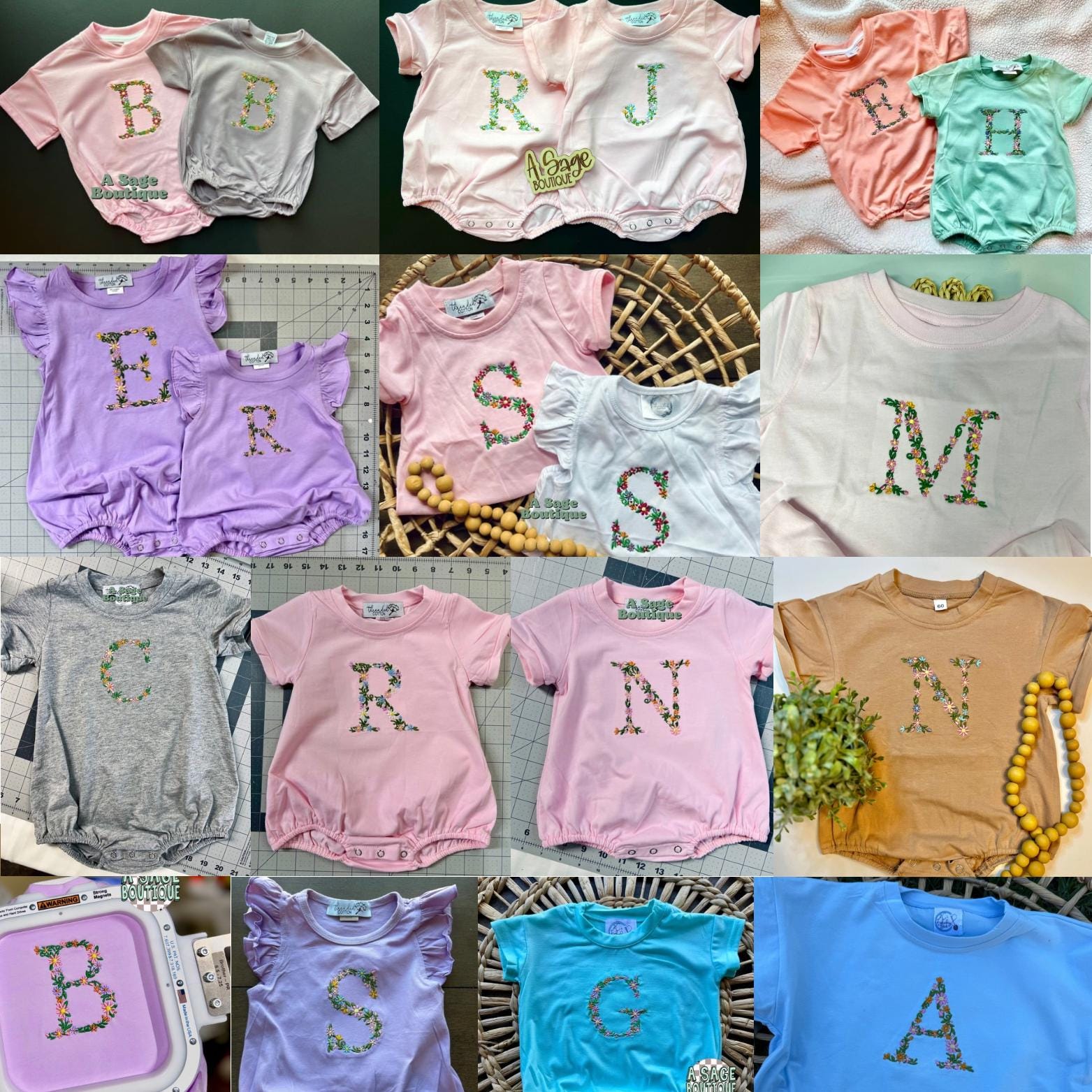 Embroidered kids t shirt/bubble romper - floral initial - bubble romper - t shirt - baby romper - flower embroidery