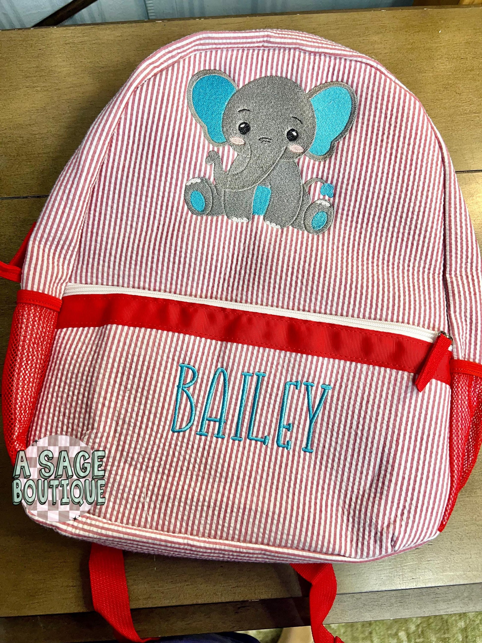 Embroidered Seersucker backpack - diaper bag- elephant - kids backpack - diaper bag - adult backpack - embroidered backpack - embroidery