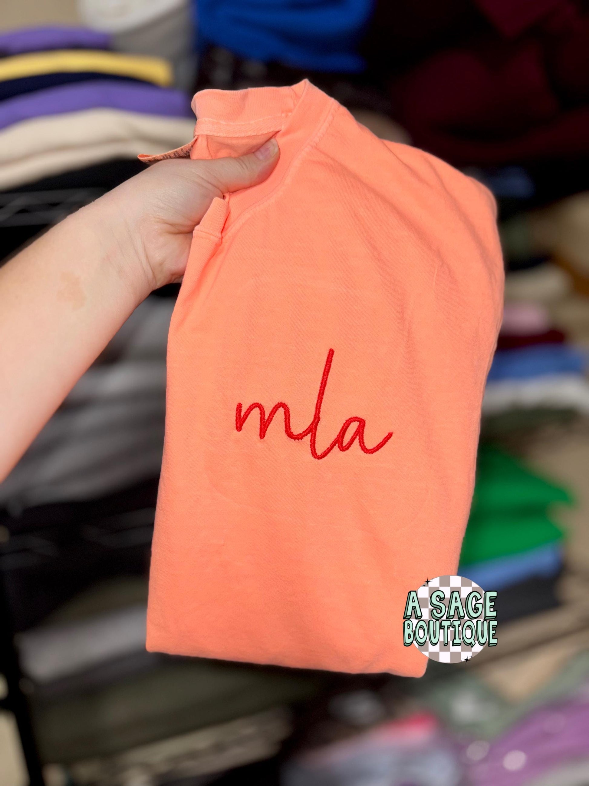 Monogram Comfort Color neon t shirt, unisex fit t shirt-monogram-neon thread - neon embroidery - monogram embroidery - custom-personalized