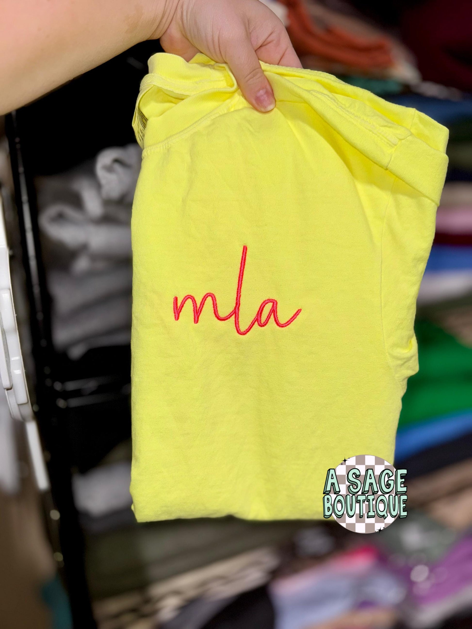 Monogram Comfort Color neon t shirt, unisex fit t shirt-monogram-neon thread - neon embroidery - monogram embroidery - custom-personalized