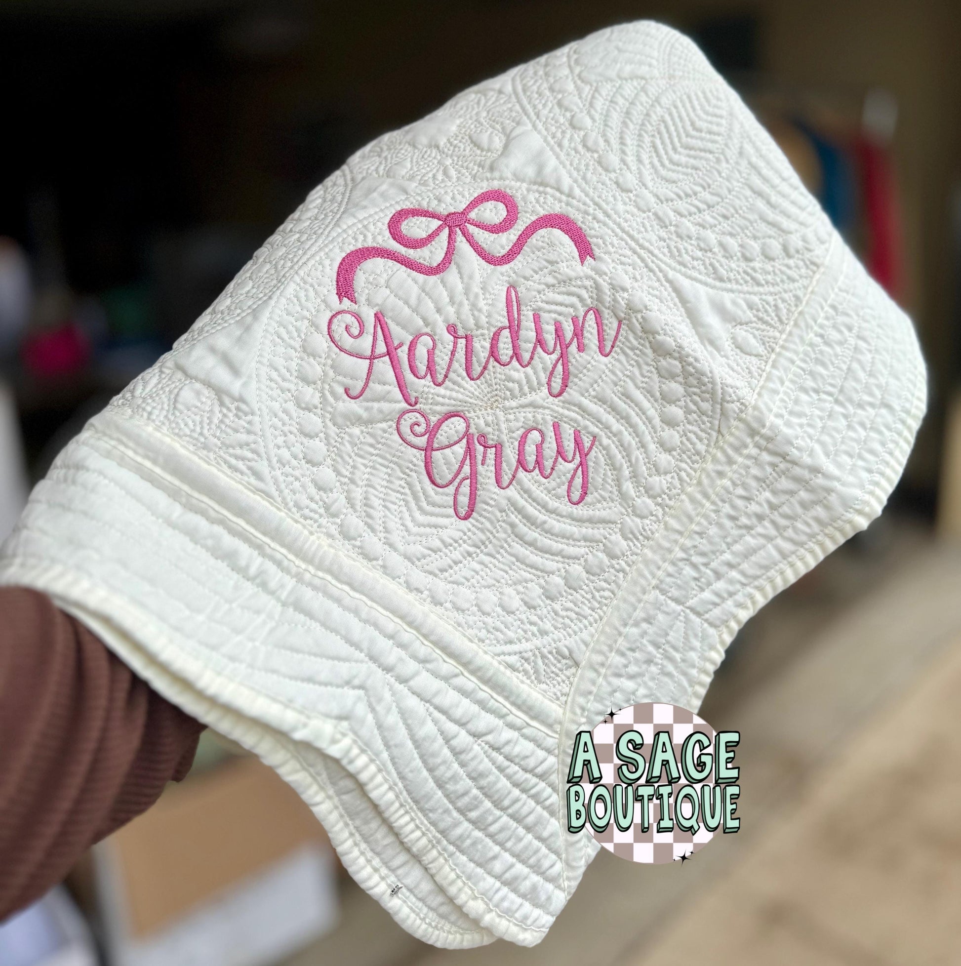 Embroidered coquette bow heirloom quilt with custom monogram, personalized baby blanket, baby gir quilt, embroidered custom heirloom blanket