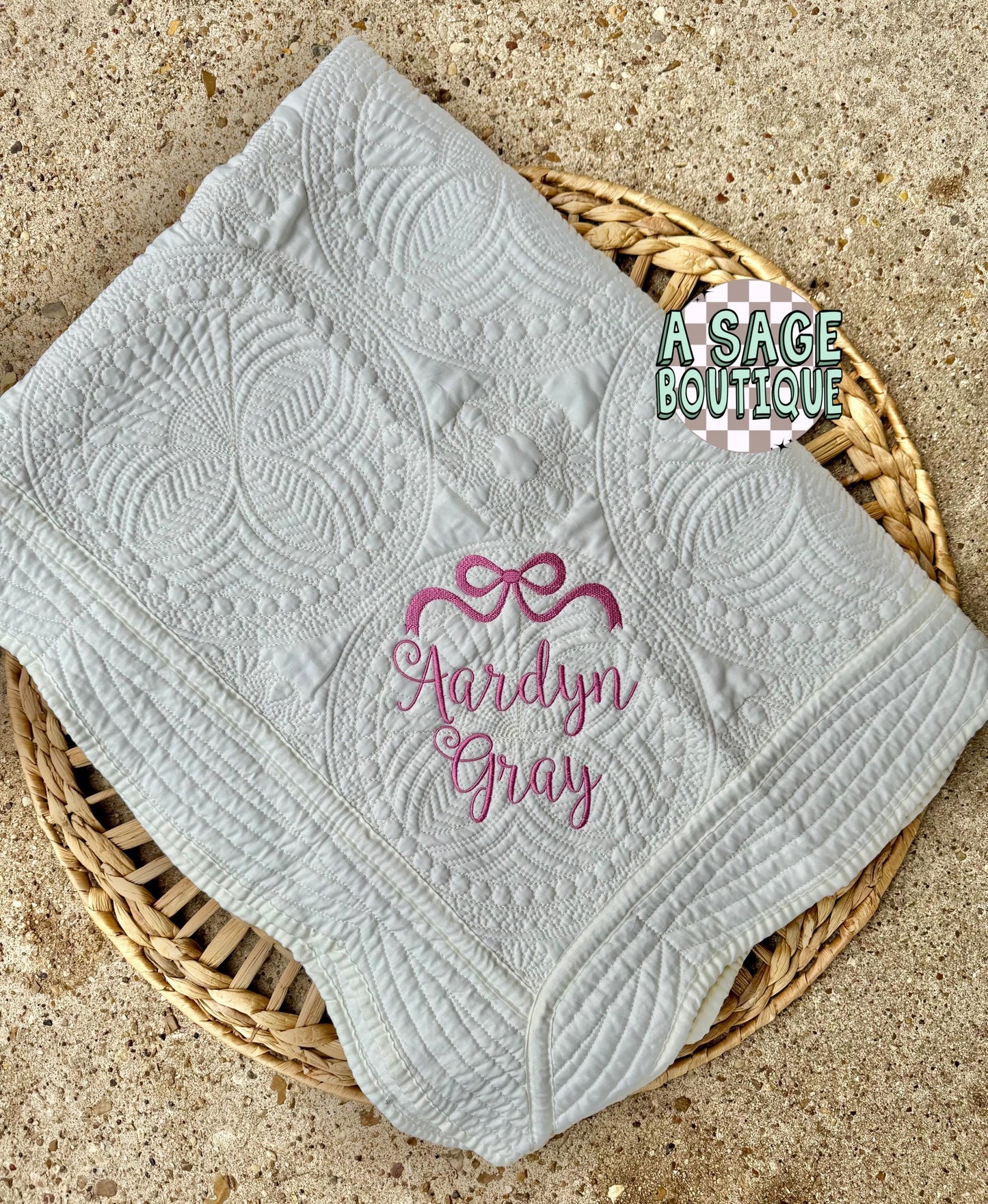 Embroidered coquette bow heirloom quilt with custom monogram, personalized baby blanket, baby gir quilt, embroidered custom heirloom blanket