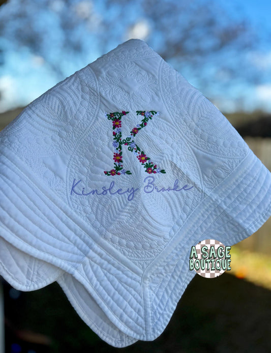 Embroidered coquette bow heirloom quilt with custom monogram, personalized baby blanket, baby gir quilt, embroidered custom heirloom blanket