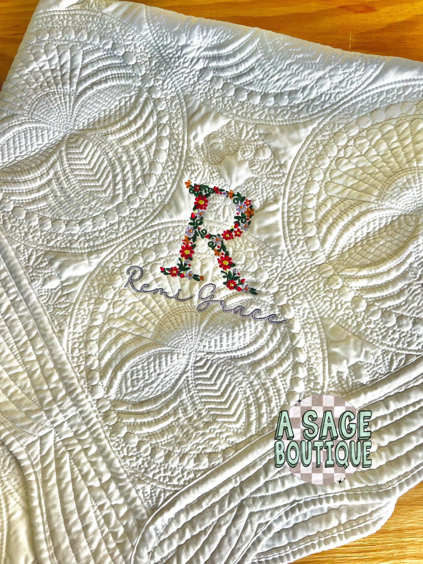 Embroidered coquette bow heirloom quilt with custom monogram, personalized baby blanket, baby gir quilt, embroidered custom heirloom blanket