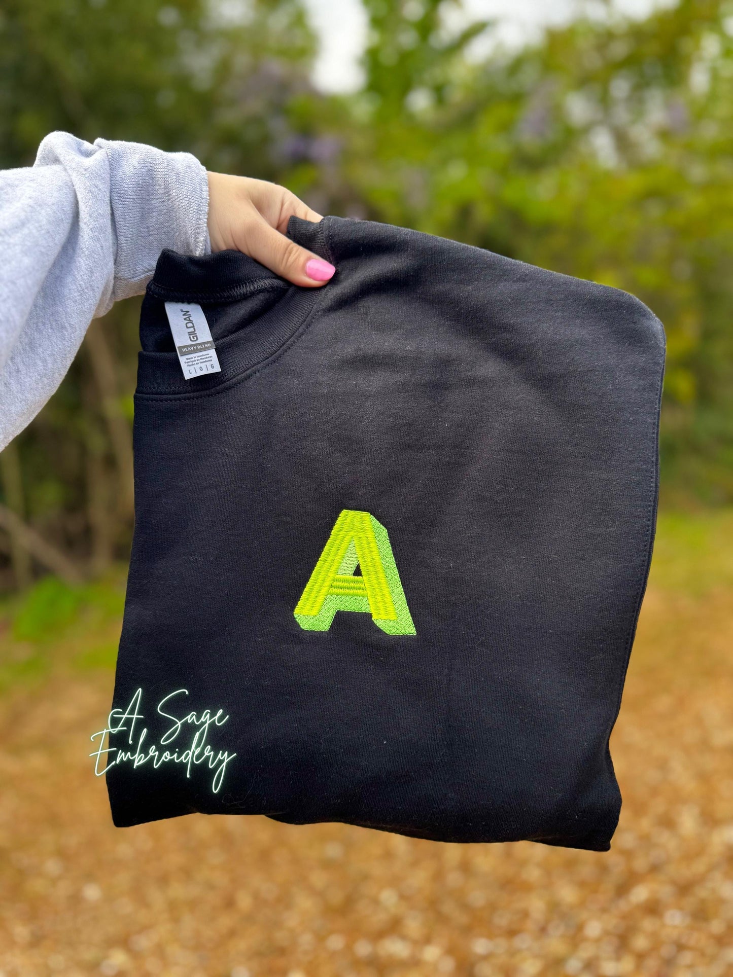 Shadow initial monogram t shirt crewneck, pocket placement embroidered initial, embroidered monogram, custom thread, neon embroidery, colors
