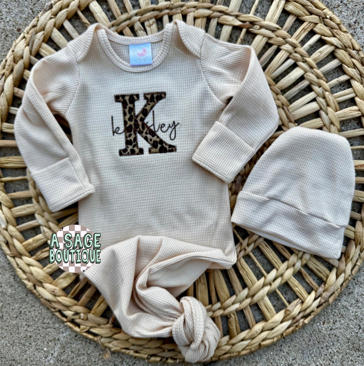 Embroidered applique infant newborn gown, leopard cheetah applique with cursive name, personalized custom infant baby gown, baby gift, baby