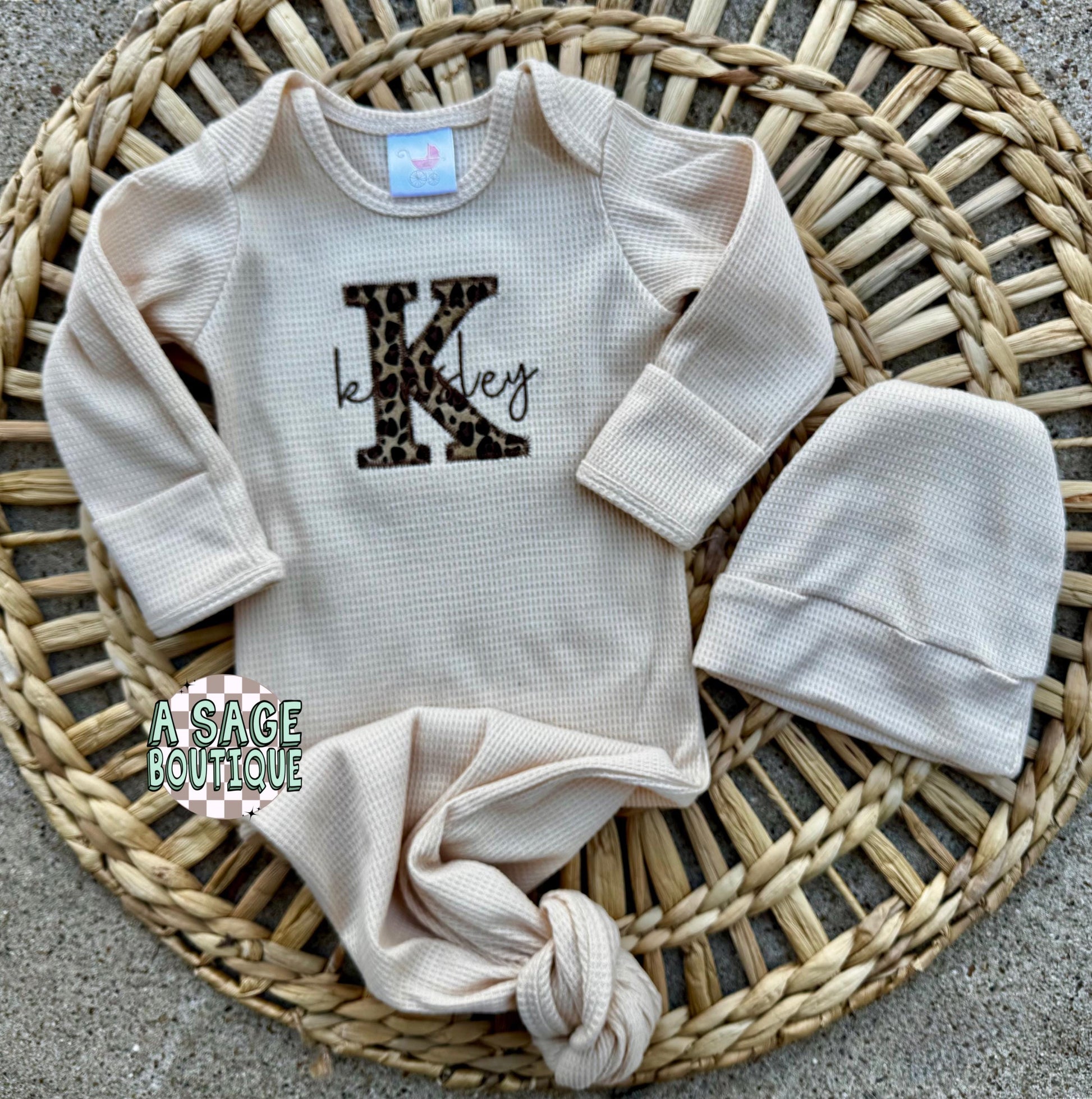 Embroidered applique infant newborn gown, leopard cheetah applique with cursive name, personalized custom infant baby gown, baby gift, baby